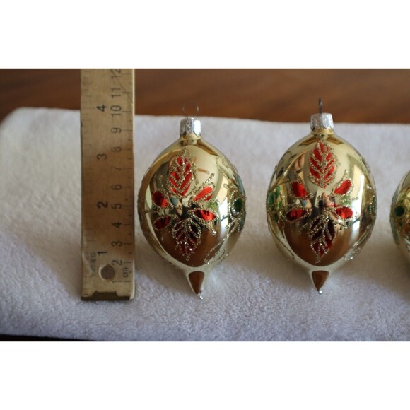 3x Commodore Teardrop Ornaments Romania Vintage Glitter Floral Gold Red 4" - Picture 3 of 10